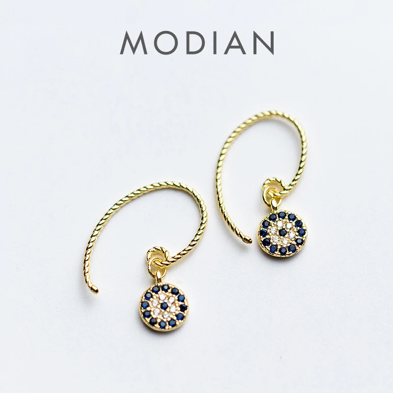 Modian New Blue Crystal Round Eyes Dangle Earrings for Women 925 Sterling Silver Gold Color Fashion Party Jewelry Gifts 1