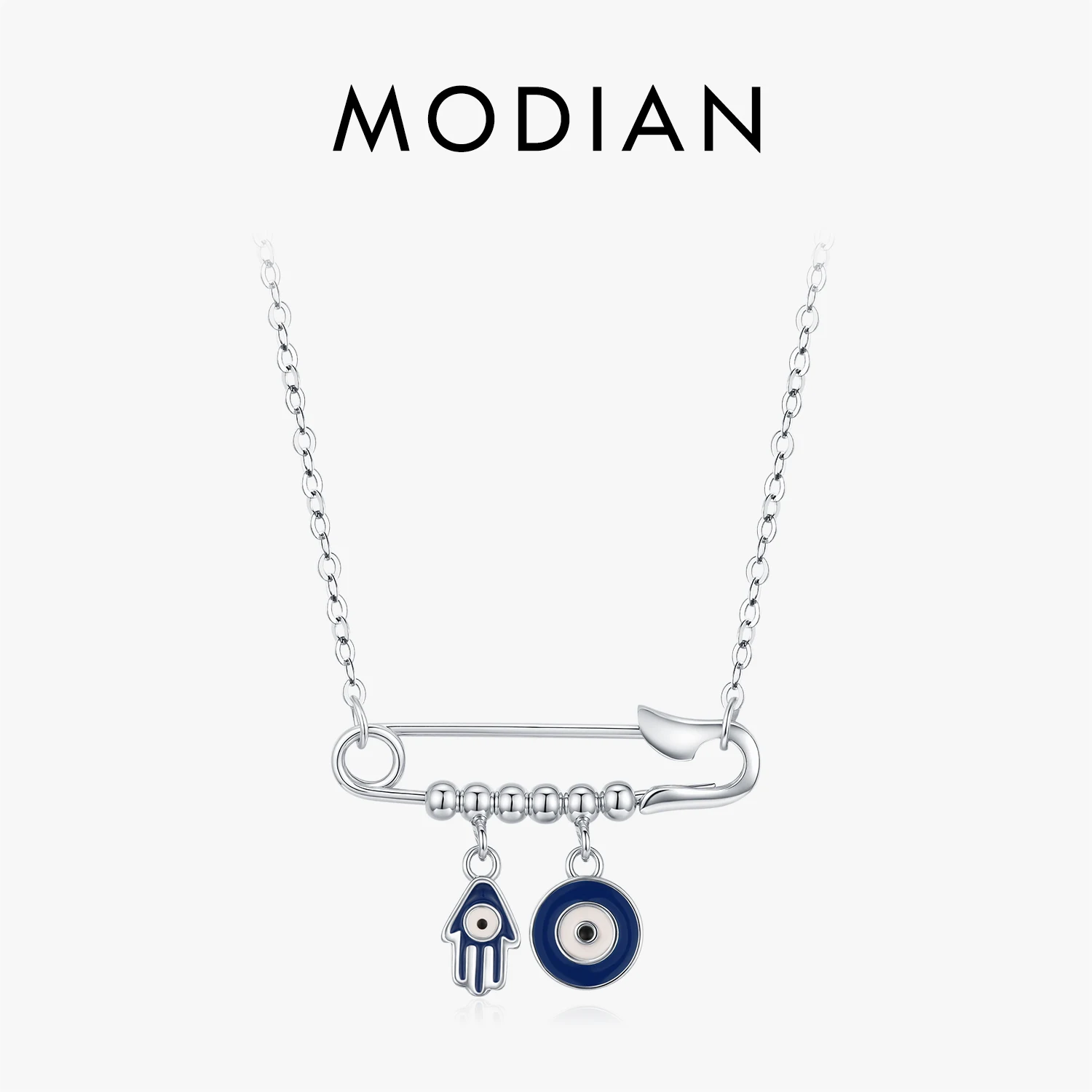 MODIAN 925 Sterling Silver Blue Enamel Eyes & Palm Charms Pendant Necklace Pin Beads Link Chian Necklaces For Women Jewelry Gift 1