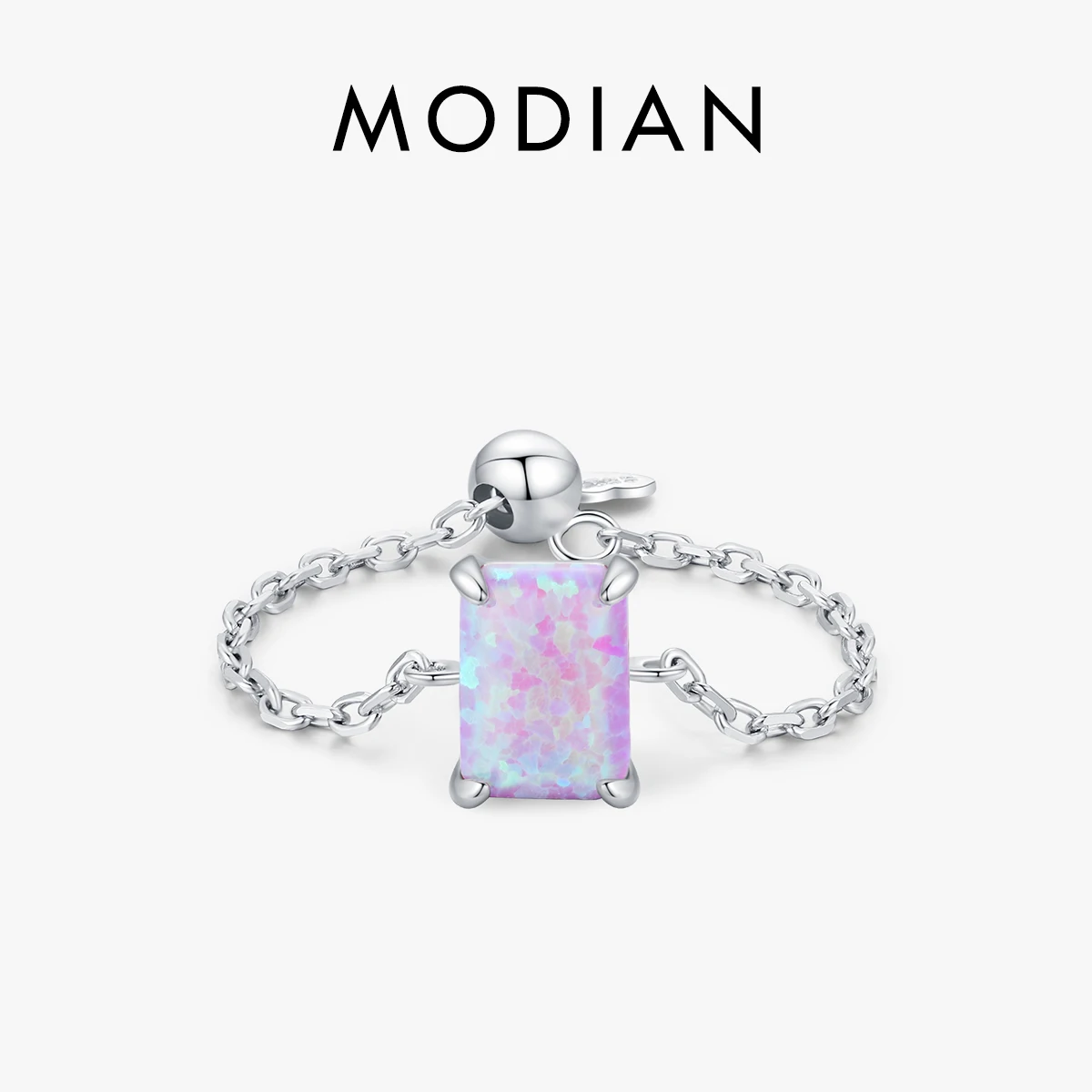 Modian 925 Sterling Silver Purple Color Opal Adjustable Ring Trendy Rectangle Link Chain Rings for Women Trendy Fine Jewelry 1