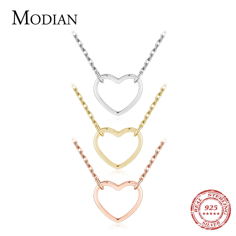 Modian Solid 925 Sterling Silver 3 Color Hearts Simple Pendant Necklaces For Women Silver Love Chian Fine Jewelry Accessories 1