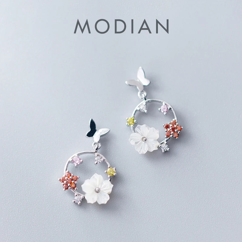 Modian Fashion Butterfly Round Enamel Flower Drop Earrings Charm 925 Sterling Silver Luxury Dangle Ear For Women Wedding Jewelry 1