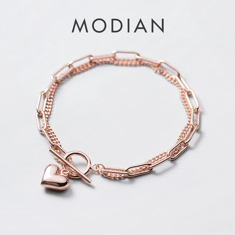 Modian 100% 925 Sterling Silver Sweet Hearts Chain Link Two Layer Classic Basis Bracelet Bangle for Women Fashion Fine Jewelry 1