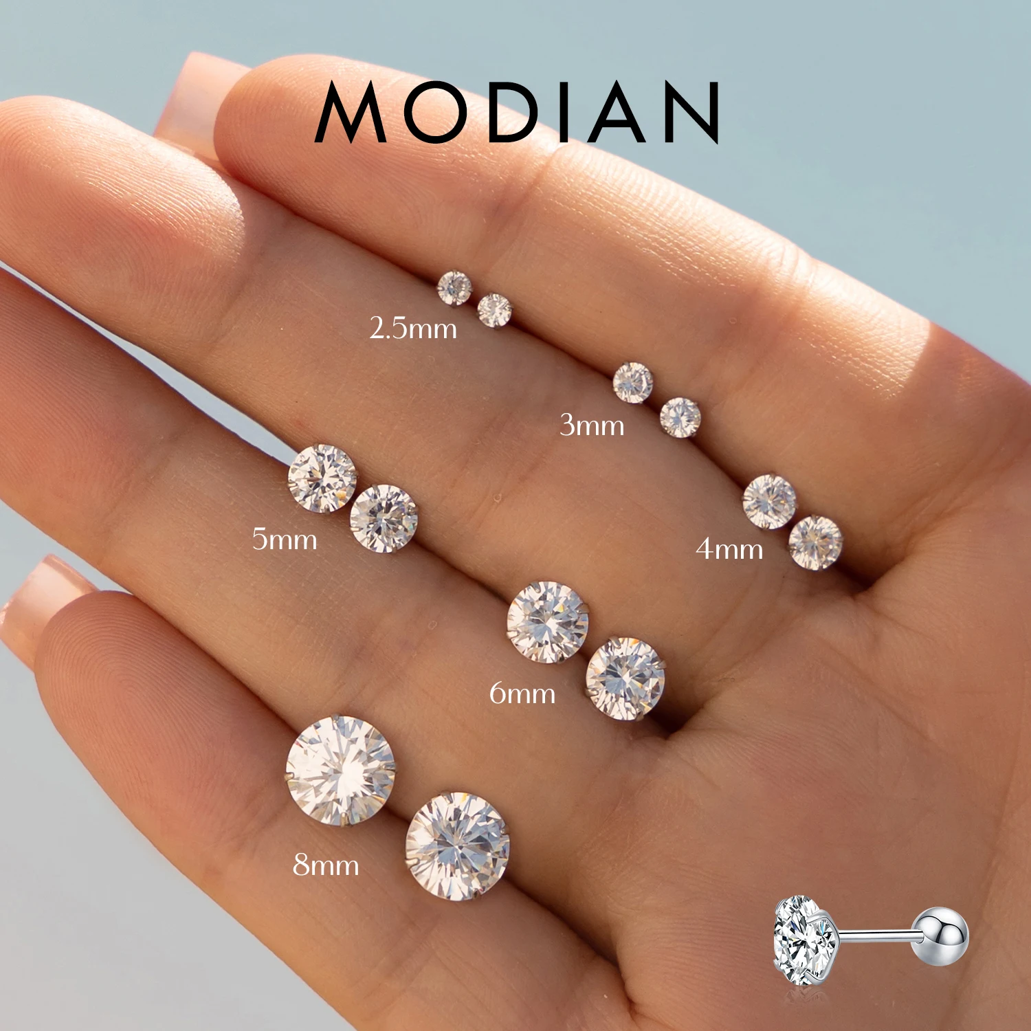 MODIAN Multicolor 925 Sterling Silver Elegant Beads Screw Earrings Classic Round CZ Stud Earrings For Women Jewelry 2.5MM-8MM 1