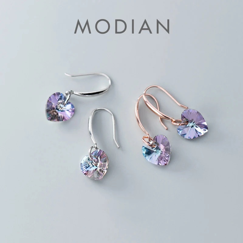 Modian Authentic 925 Sterling Silver Charm Ear Heart Shape Rainbow Crystal Dangle Earrings for Women Lady Fashion Jewelry Gift 1