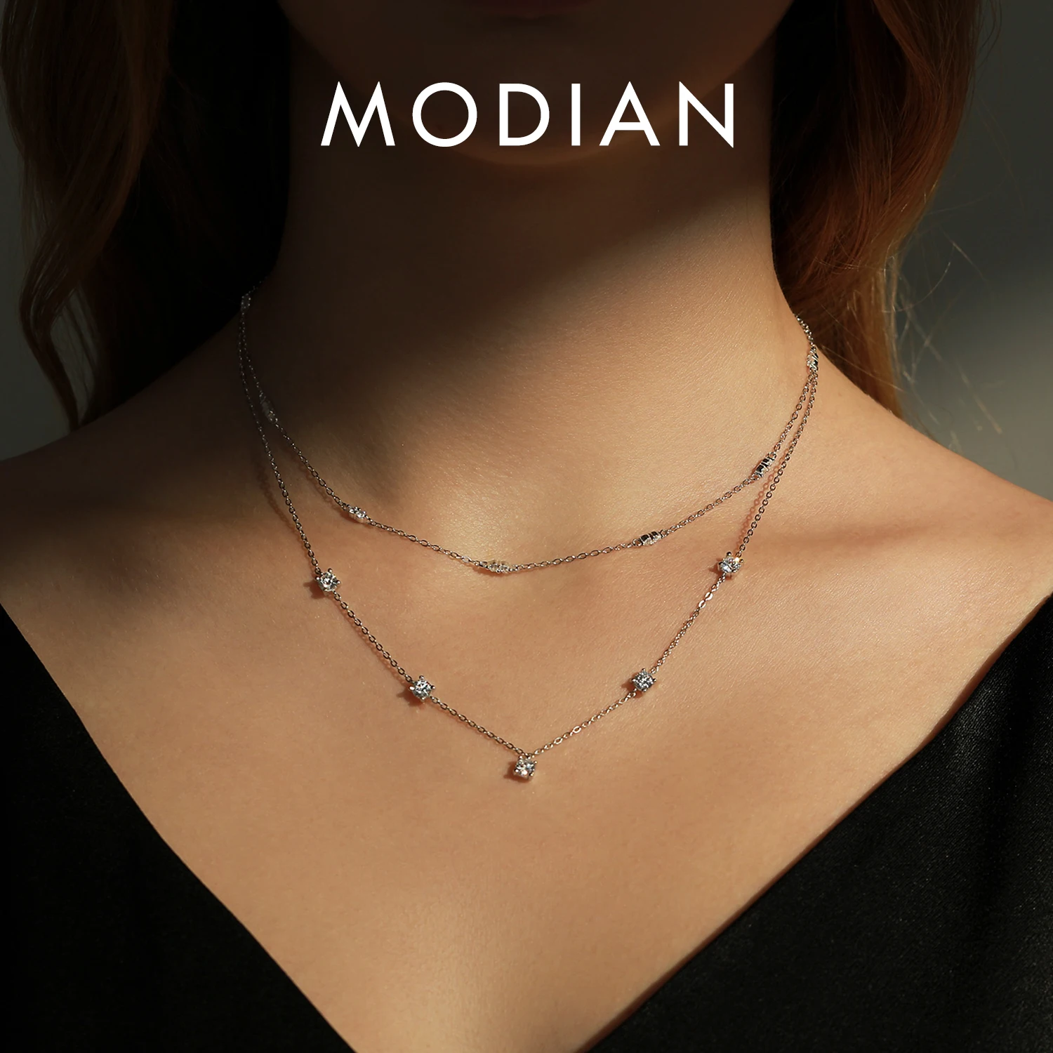 MODIAN 925 Sterling Silver Sparkling CZ Stackable Necklace For Women Choker Link Chain Charm Necklace Fine Jewelry Gift 1