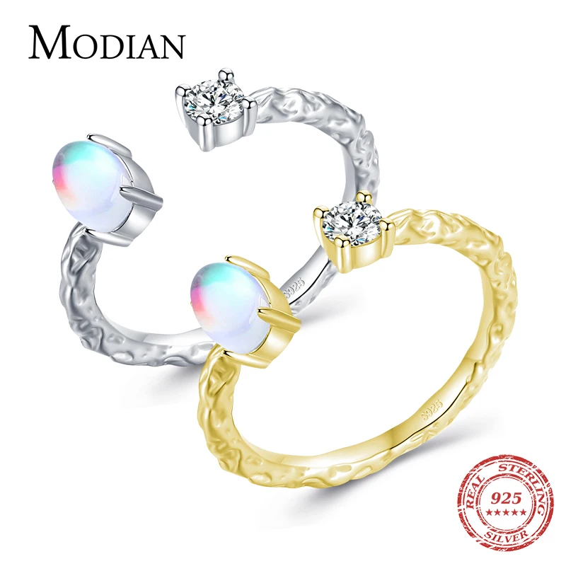 MODIAN Real 925 Sterling Silver Vintage Pattern Adjustable Finger Ring For Women 14K Gold Plated MoonStone Party Fine Jewelry 1