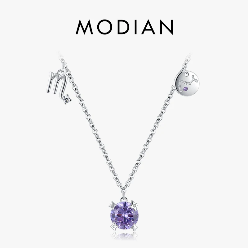 Modian 925 Sterling Silver Luxury Round Zircon Constellation Scorpio Chain Necklace Pendant For Women Jewelry Bijoux Girl Gifts 1
