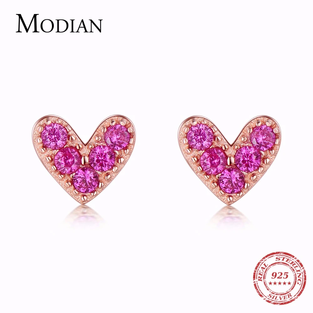 Modian Genuine 925 Sterling Silver Hearts Fashion Rose Gold Color Pink CZ Simple Stud Earrings For Women Sterling Silver Jewelry 1