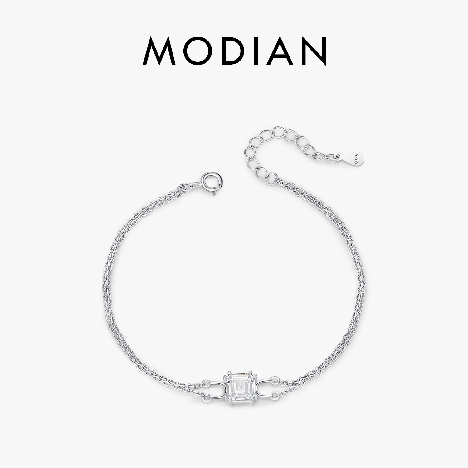 MODIAN 925 Sterling Silver Double Layer Link Chain Bracelet Shiny Square Emerald Cut Wedding Jewelry For Women Anniversary Gift 1