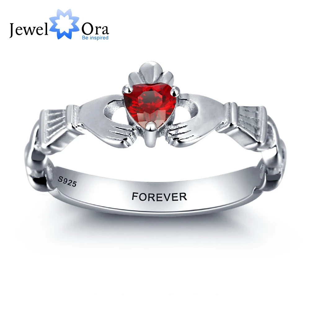 Personalized Engrave Name Birthstone Jewelry Claddagh 925 Sterling Silver Rings For Women Free Gift Box (JewelOra RI101962) 1