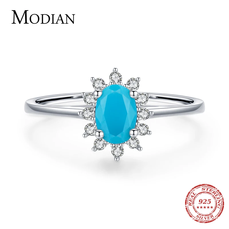 MODIAN Classic Crown Female Ring Pure 925 Sterling Silver Natural Turquoise Elegant Fashion Rings For Women Christmas Jewelry 1