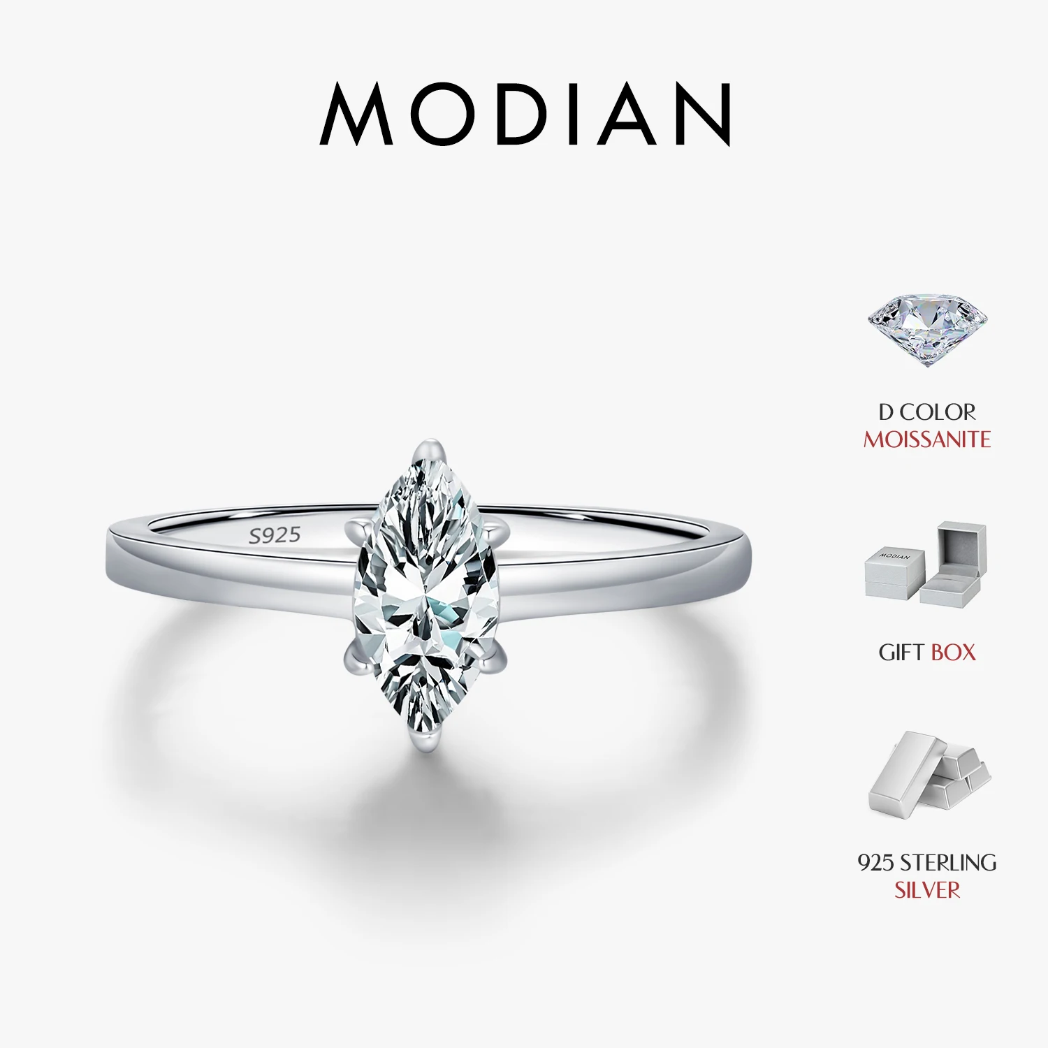 MODIAN D Color Marquise Cut Rhombic Moissanite 925 Sterling Silver Luxury  Band Rings For Women Wedding Fine Jewelry Gifts 1