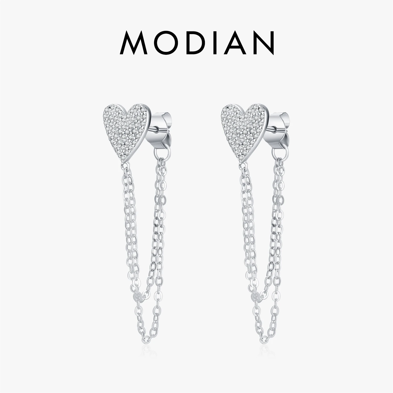MODIAN 925 Sterling Silver Sparkling CZ Hearts Long Tassel Chain Trendy Daily Stud Earrings For Women Fine Jewelry Gifts 1