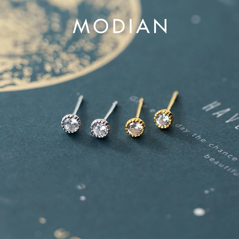 Modian Cute Round Zircon Gold Color Stud Earring for Women Real 925 Sterling Silver Anti-Allergy Ear Pin Fine Jewelry Girl Gift 1