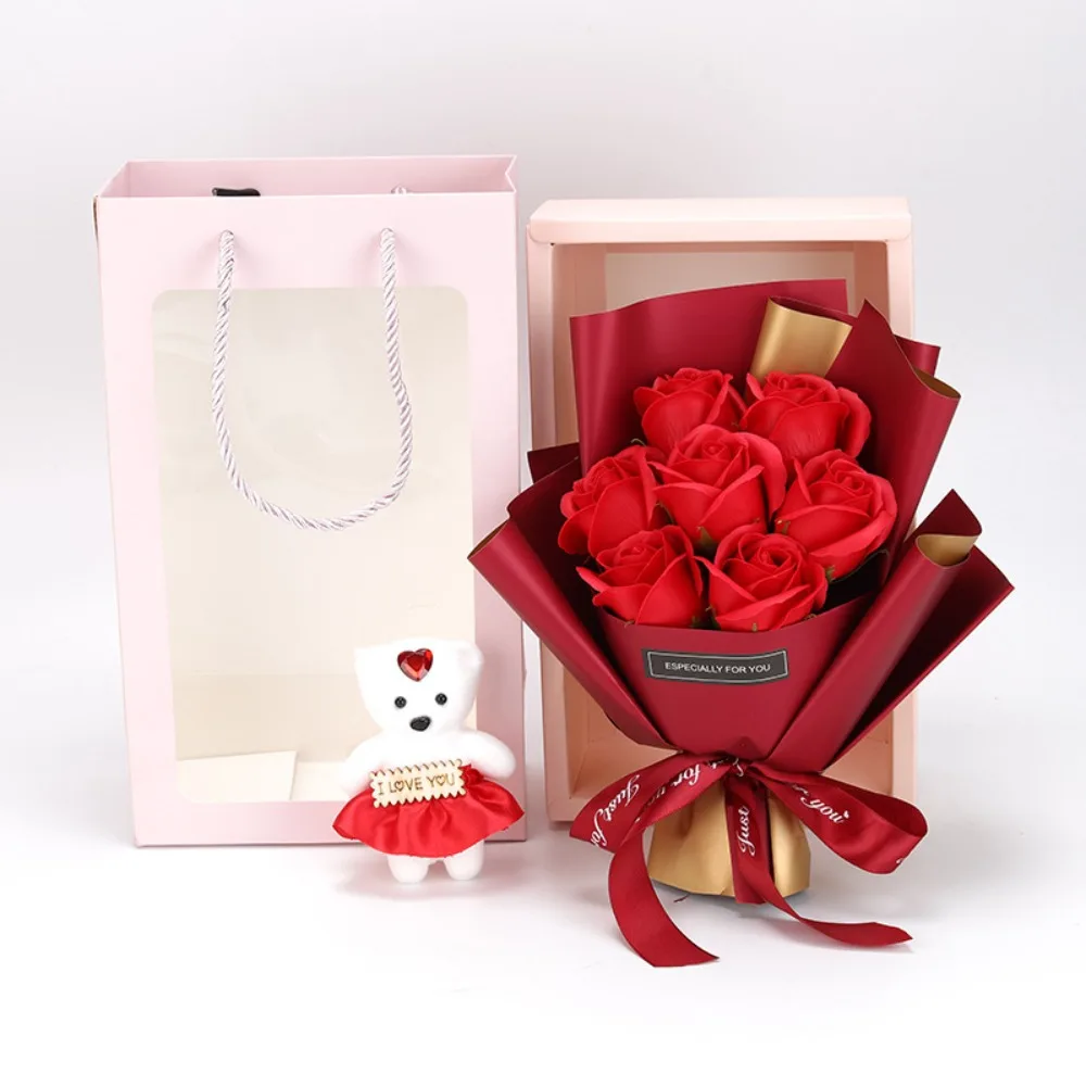Valentine's Day  Rose Bouquet Gift Box with Teddy Bear - Soap Flower Roses for Mother's Day, Christmas, 1