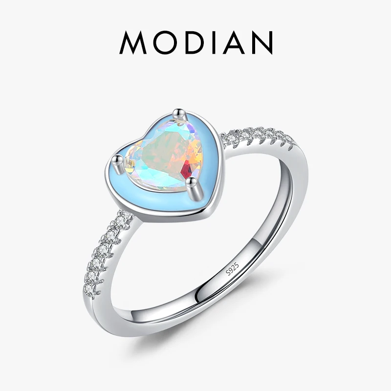 Modian Genuine 925 Sterling Silver Romantic Blue Enamel Heart Ring Rainbow Color Zirconia Fine Jewelry For Women Wedding Gift 1