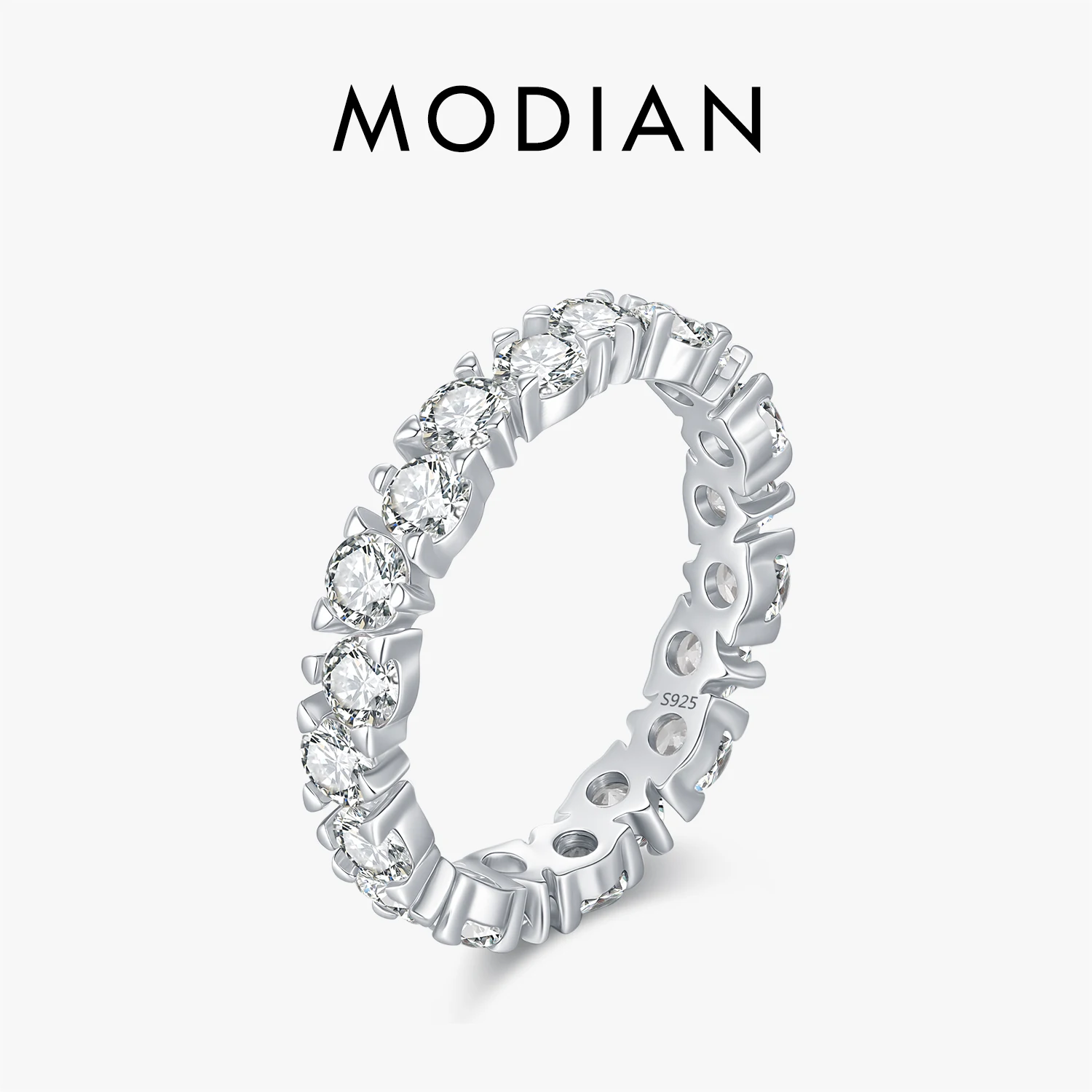 MODIAN 925 Sterling Silver Luxury Sparkle Round Clear Cubic Zirconia Eternity Band Rings For Women Wedding Fine Jewelry 1