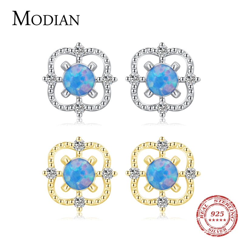 MODIAN Real 925 Sterling Silver Hollow Out Line Ear Studs for Women Blue Opal Trendy Stud Earrings Fine Valentine's Day Jewelry 1