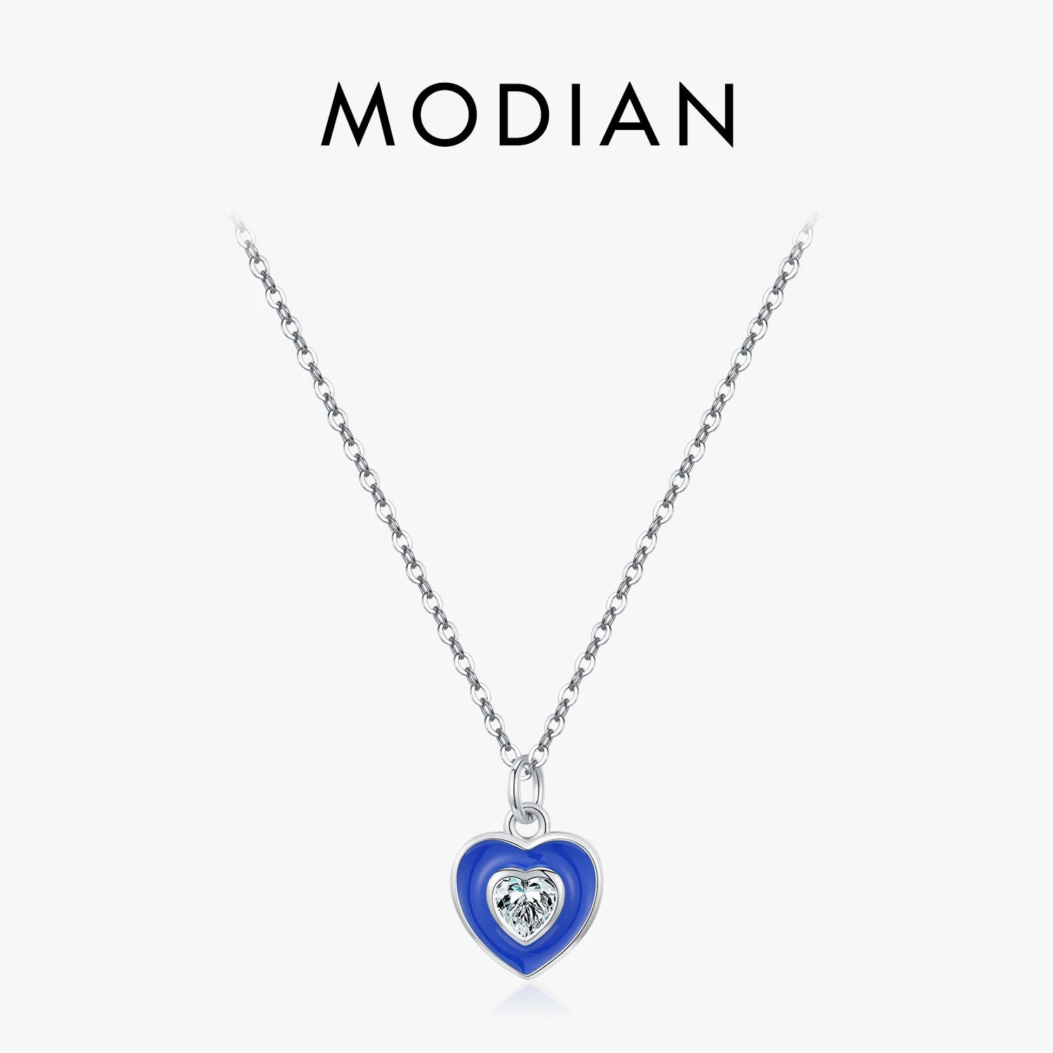 MODIAN 925 Sterling Silver Romantic Heart Klein Blue Enamel Pendant Necklace Shiny CZ Chain Neck For Women Fine Jewelry 1