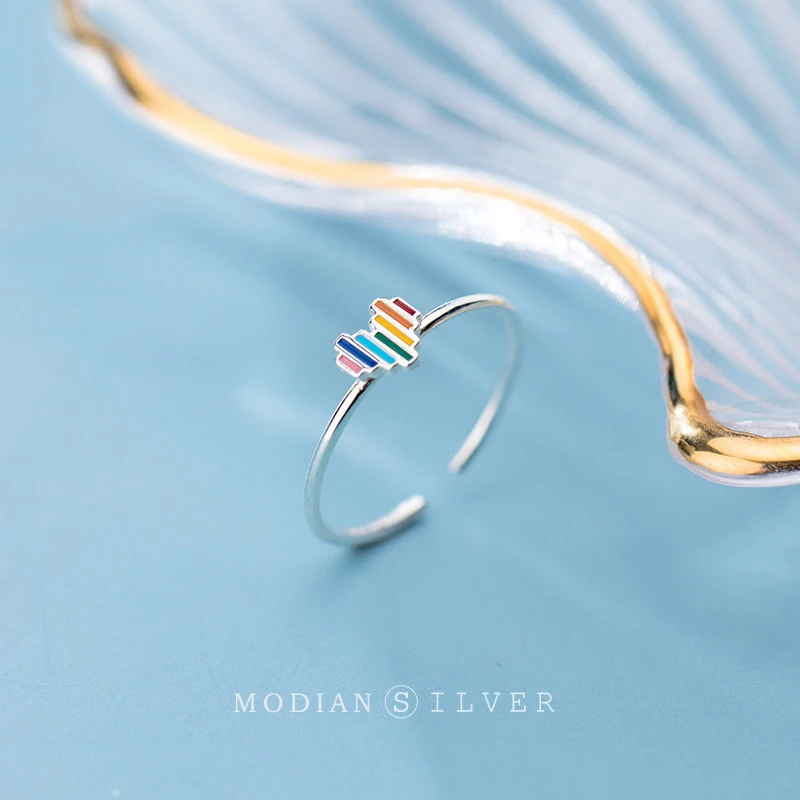 Modian Hot Sale 925 Sterling Silver Cute Multi-Color Rainbow Heart Finger Rings For Women Fashion Free Size Ring Fine Jewelry 1