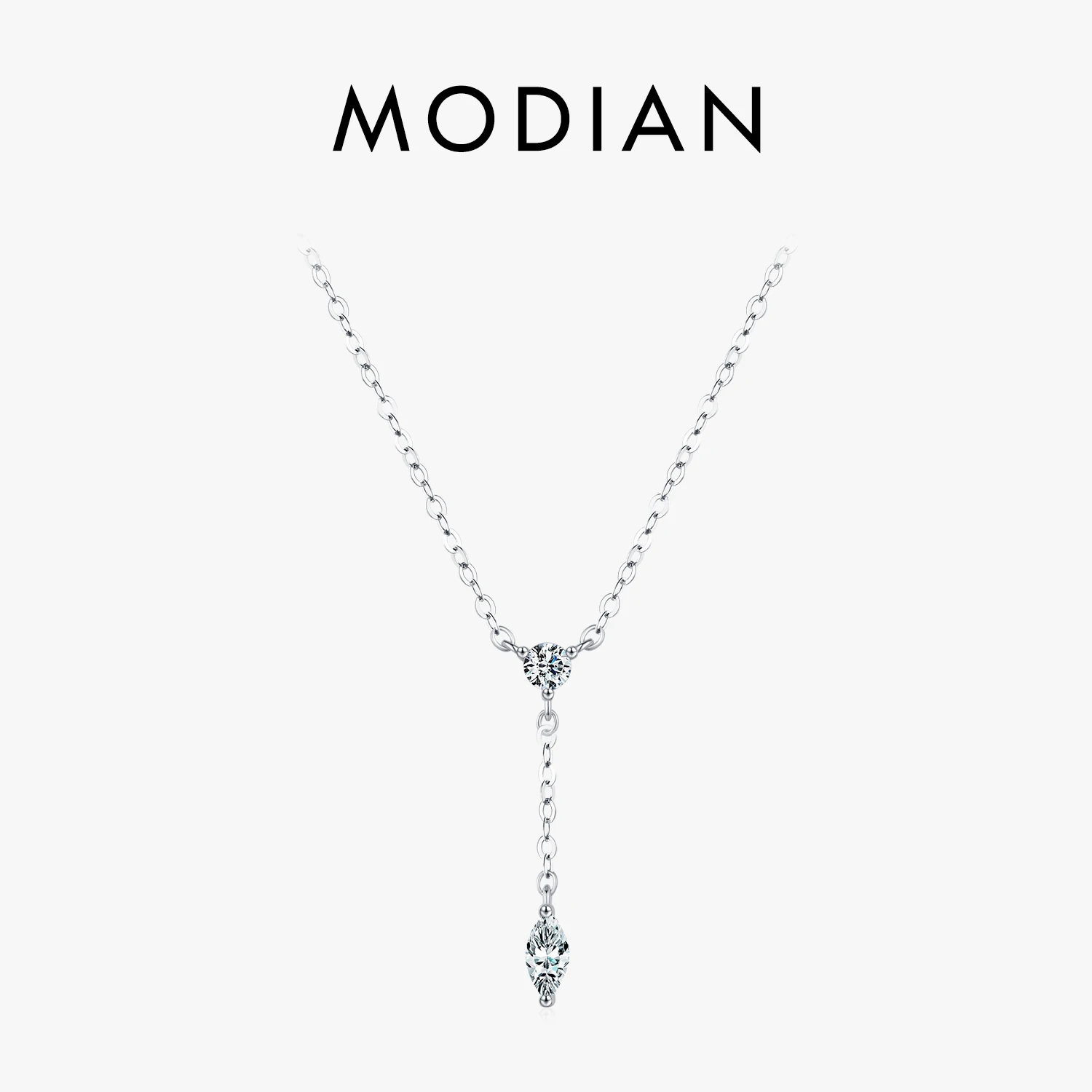 MODIAN 925 Sterling Silver Dainty Y Shape Round & Rhombic Fashion Pendant Necklace For Women Chain Necklace Trendy Jewelry Gift 1
