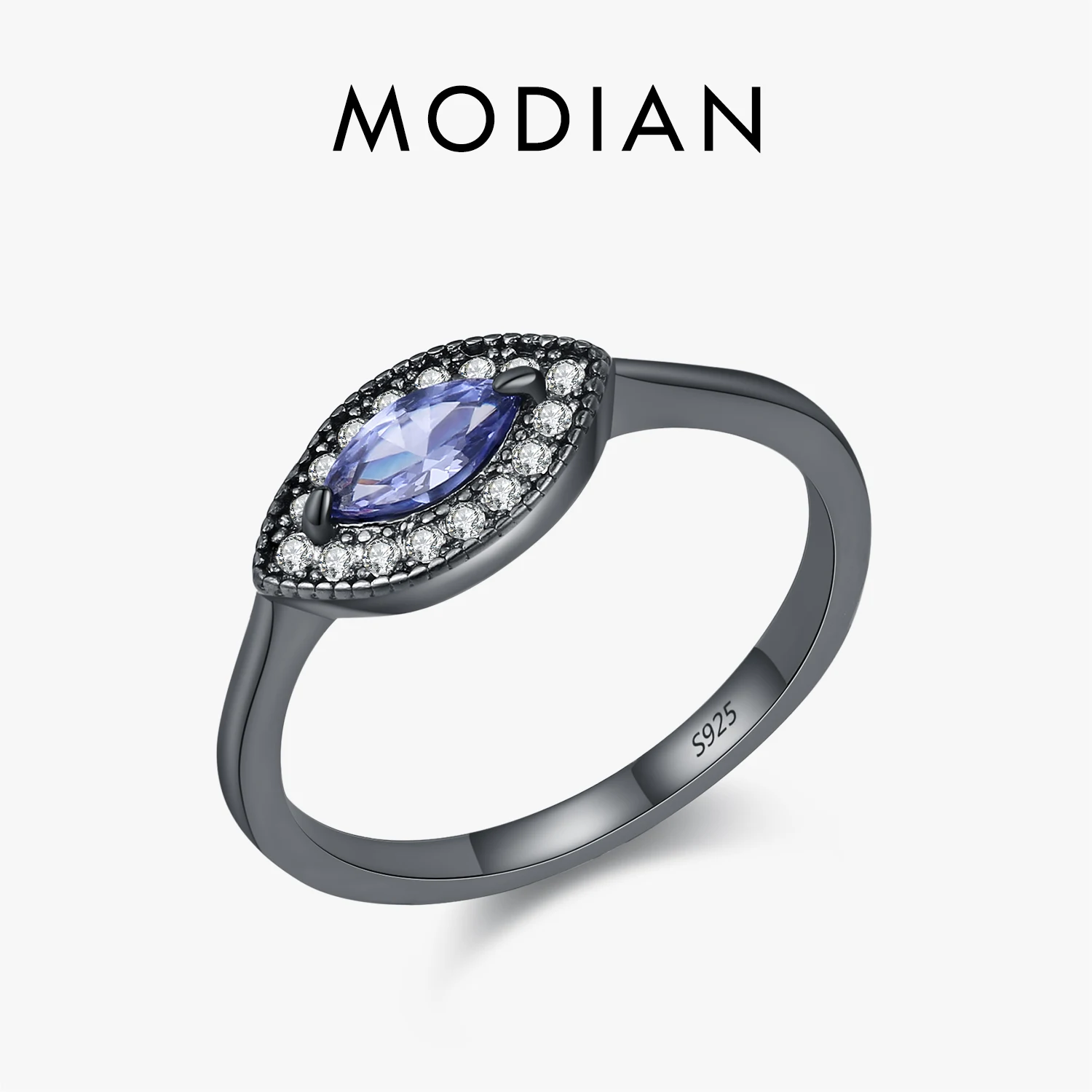 MODIAN 925 Sterling Silver Vintage Tanzanite Color Eye Sparkle Zircon Black Finger Rings For Women Party Fine Jewelry 1