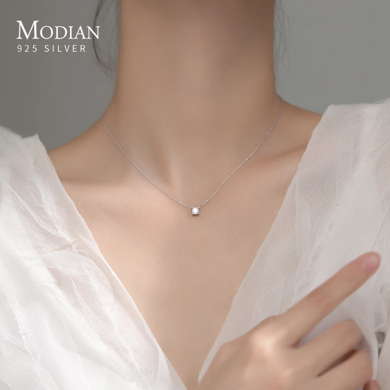 Modian Brands Simple 925 Sterling Silver Geometric Cut Sparkling Zircon Pendant Necklace for Women Wedding Engagement Jewelry 1