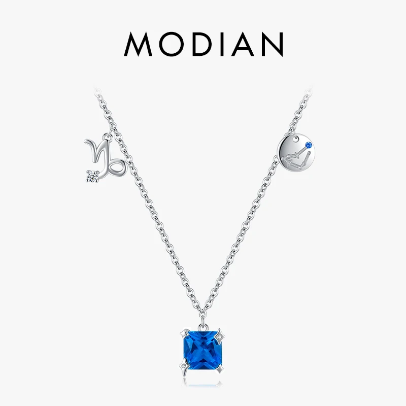 Modian 925 Sterling Silver Square Blue Zircon Capricornus Necklace Pendant Fashion Charm Birthstone Fine Jewelry For Women Gift 1