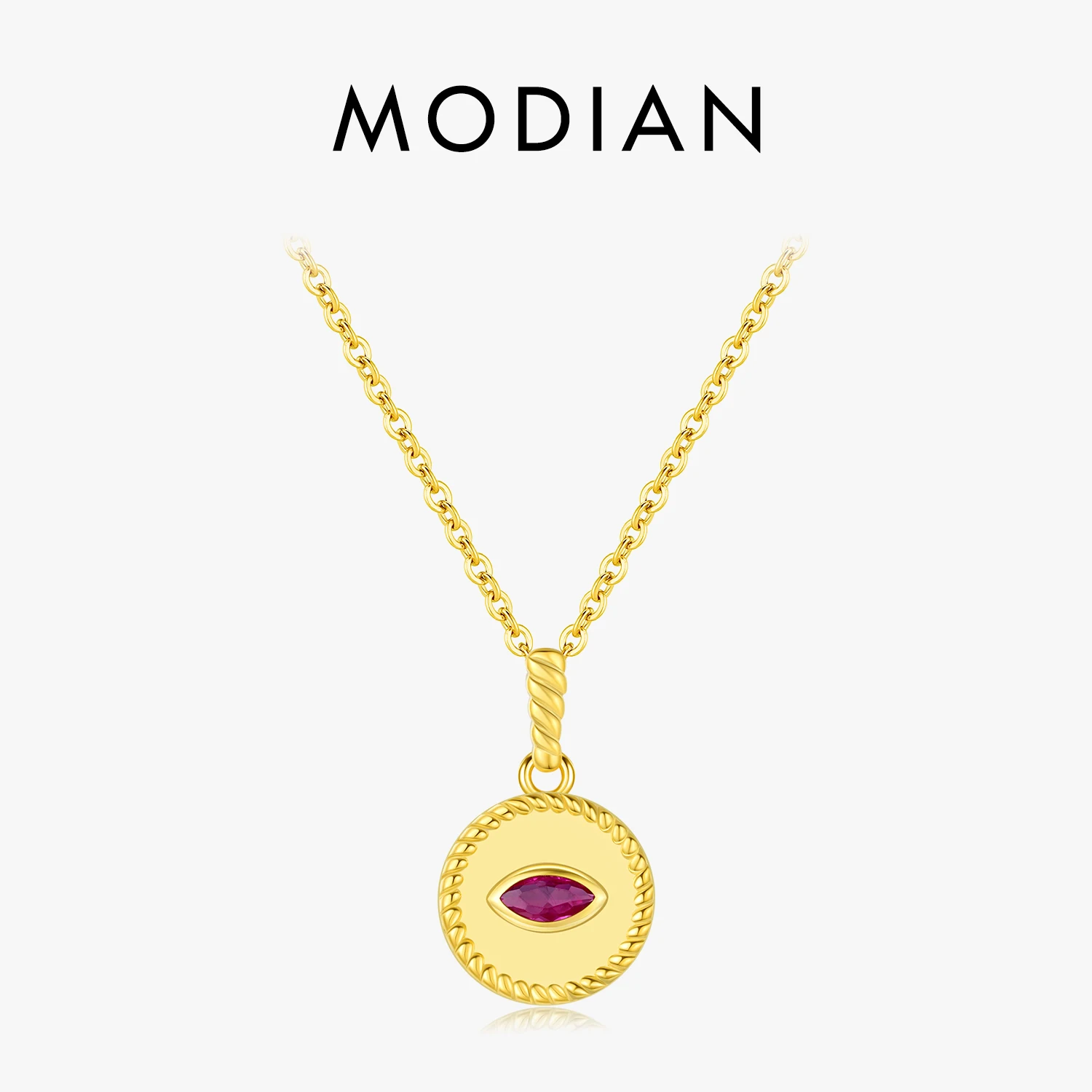 MODIAN 925 Sterling Silver Retro Frosted Pigeon Blood Red Pattern CZ Link Chain Pendant Necklace For Women Fine Jewelry Gift 1