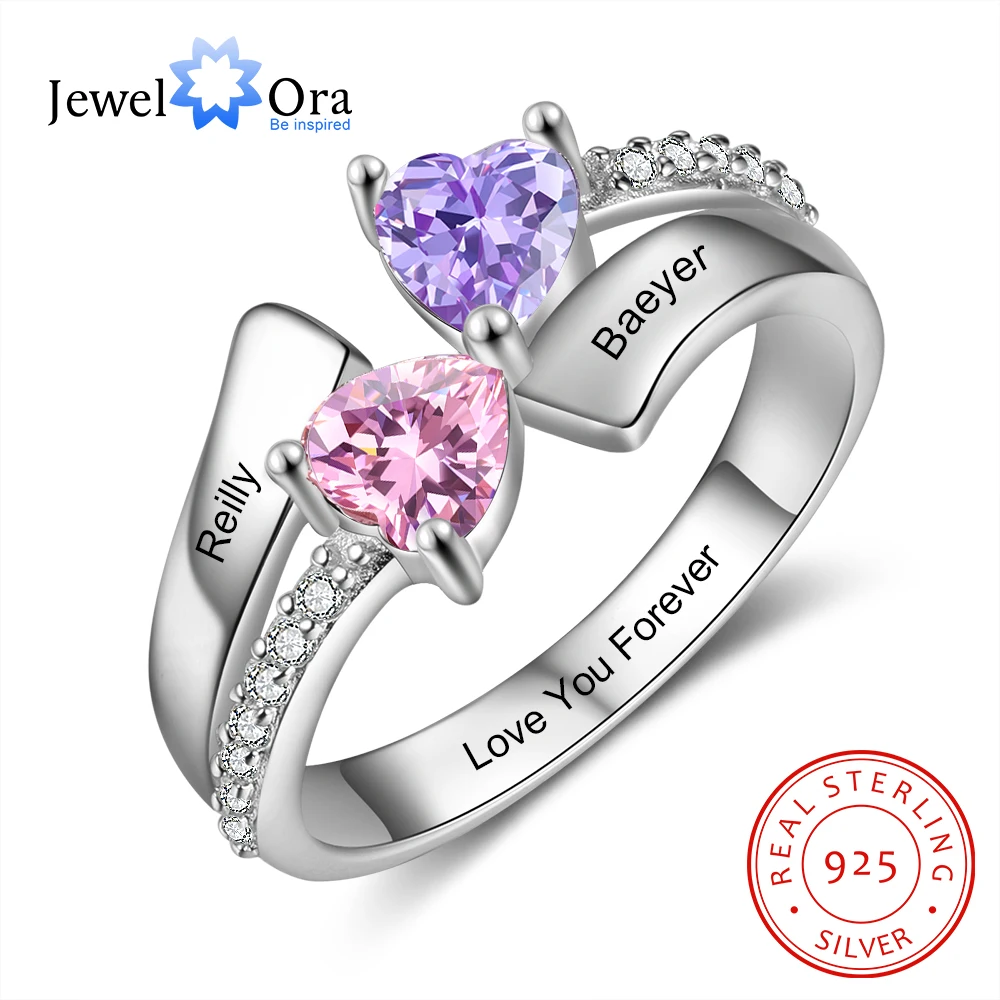 925 Sterling Silver Personalized Engraved Name Wedding Engagement Ring Custom 2-4 Inlaid Heart Birthstone Rings for Women Mother 1
