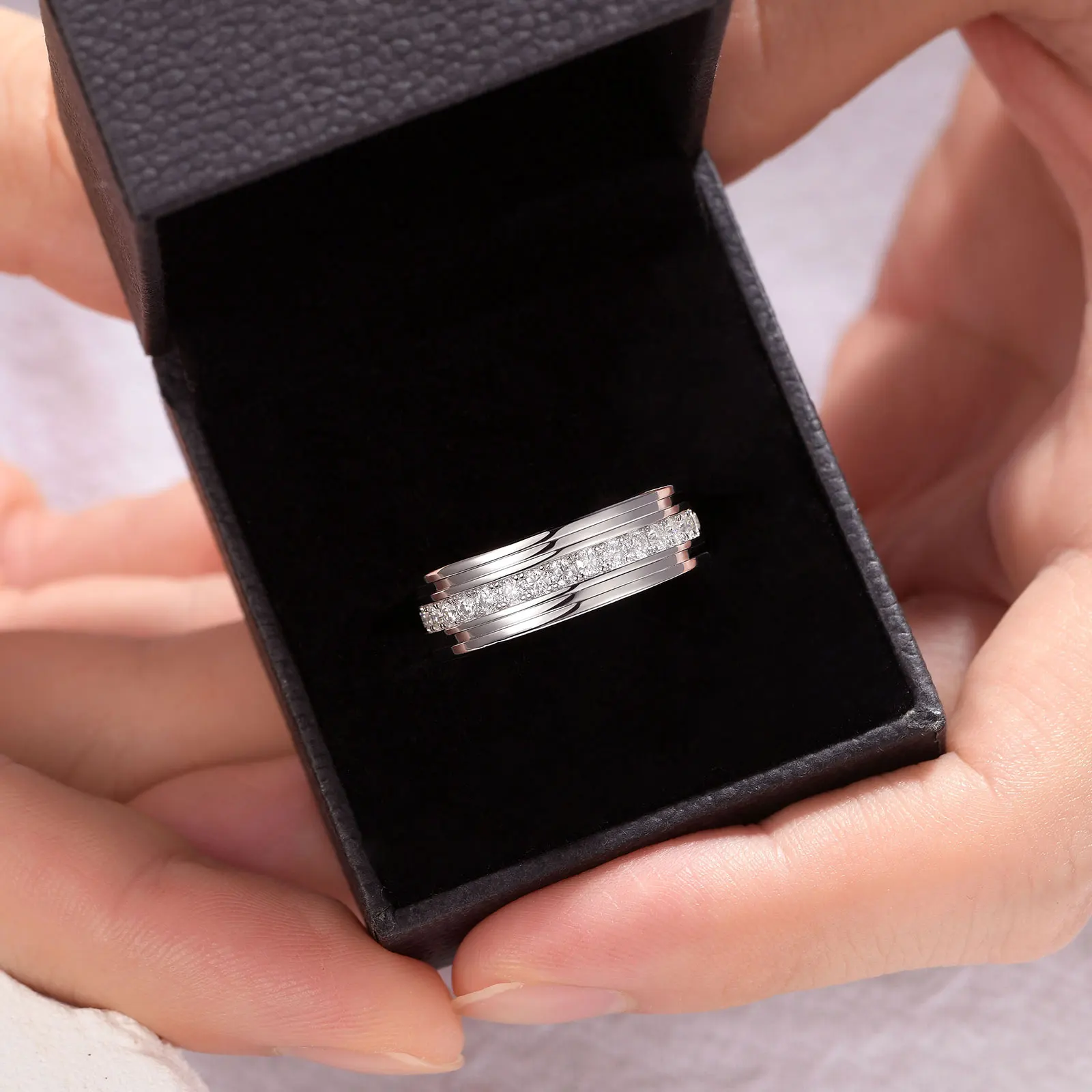 Newshe D Color Men’s Moissanite Wedding Bands 925 Sterling Silver Promise Rings for Him Eternity Round Cut Pave Setting Jewelry 5