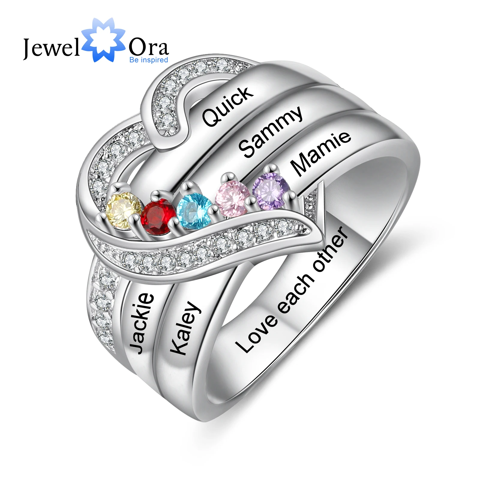 925 Sterling Silver Personalized 1-8 Name Engraved Ring with Birthstone Custom Engagement Heart Rings for Women Mothers Day Gift 1