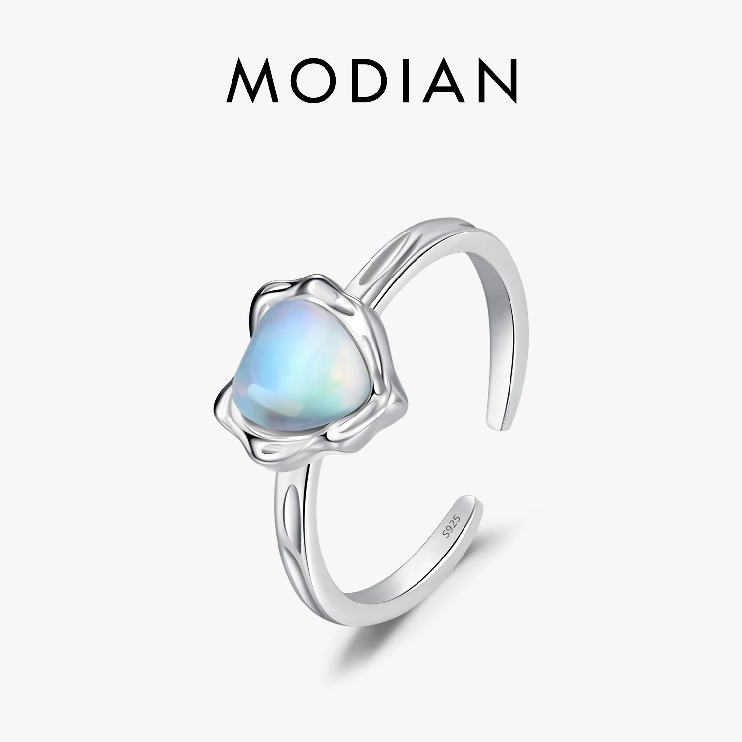 MODIAN 925 Sterling Silver Exquisite Sparkle Moonstone Adjustable Rings For Women Fashion Heart Free Size Rings Fine Jewelry 1