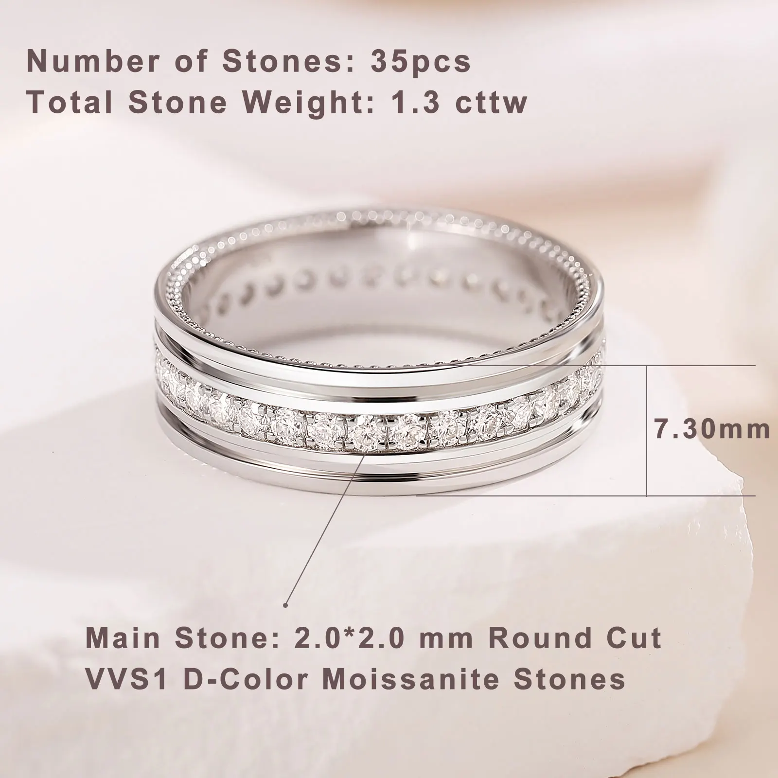 Newshe D Color Men’s Moissanite Wedding Bands 925 Sterling Silver Promise Rings for Him Eternity Round Cut Pave Setting Jewelry 2