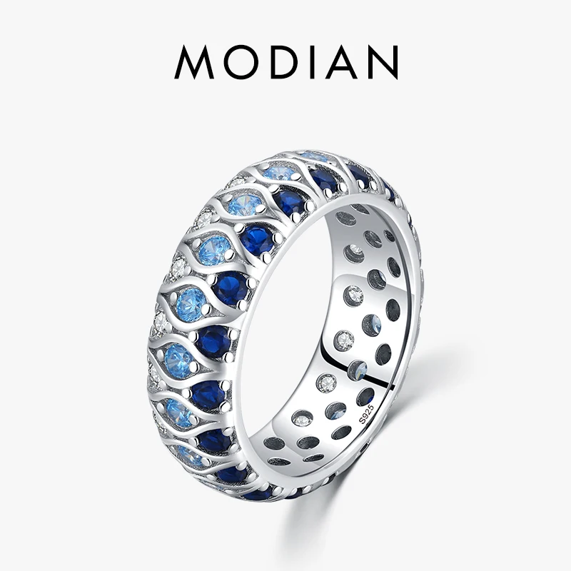 MODIAN New 925 Sterling Silver Luxury Gradient Blue Eyes Stackable Eternity Bands Rings For Women Exquisite Fine Jewelry 1