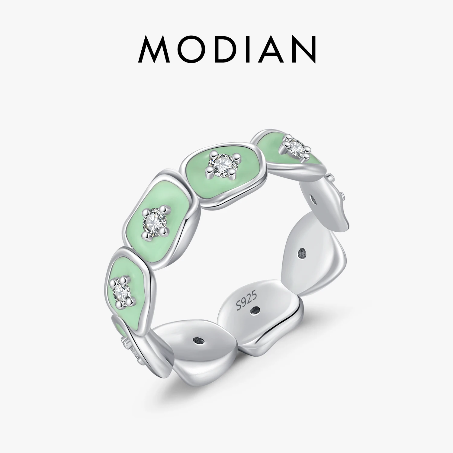 MODIAN 925 Sterling Silver Irregular Round Eternity Band Stackable Finger Ring Mint Green Enamel Fine Jewelry For Women Gift 1