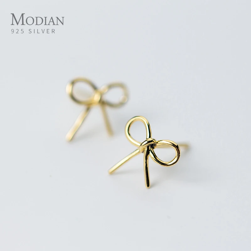 Modian Charm Gold Color Bowknot Earrings for Women 100% 925 Sterling Silver Simple Exquisite Stud Ear Fashion Jewelry Bijoux 1