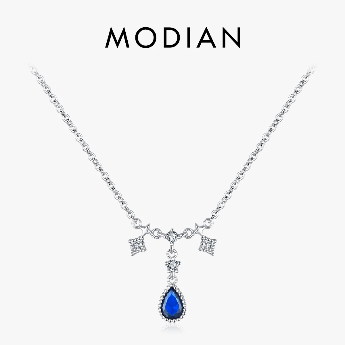 MODIAN 925 Sterling Silver Luxury Water Drop Blue Red Zirconia Pendant Necklace Classic Link Chain For Women Wedding Jewelry 1