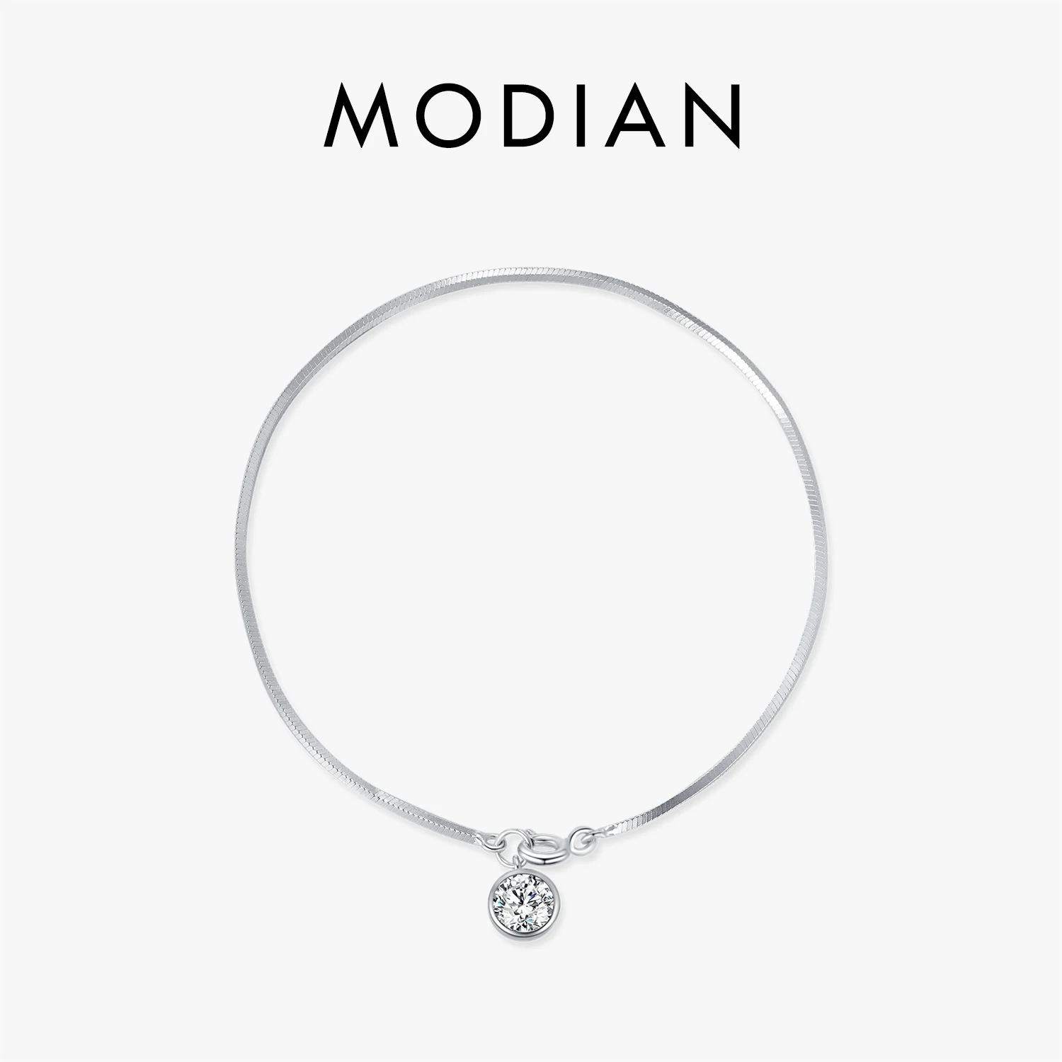 MODIAN 925 Sterling Silver Snake Chain Bracelet White Gold Sparkling Round CZ Charm Dainty Chain Bracelet for Women Jewelry 1