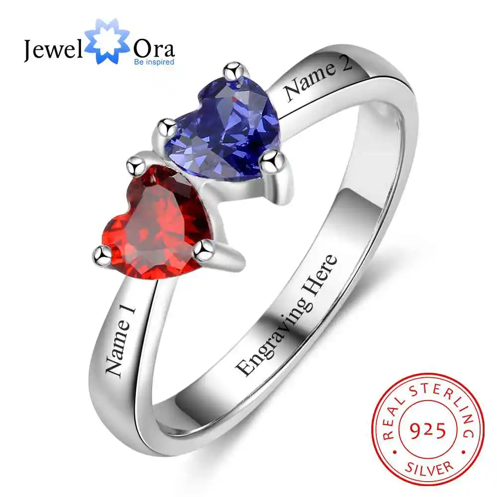 Double Heart Personalized Ring Custom Engrave Names & Birthstone Promise Rings 925 Sterling Silver Jewelry (JewelOra RI103274) 1