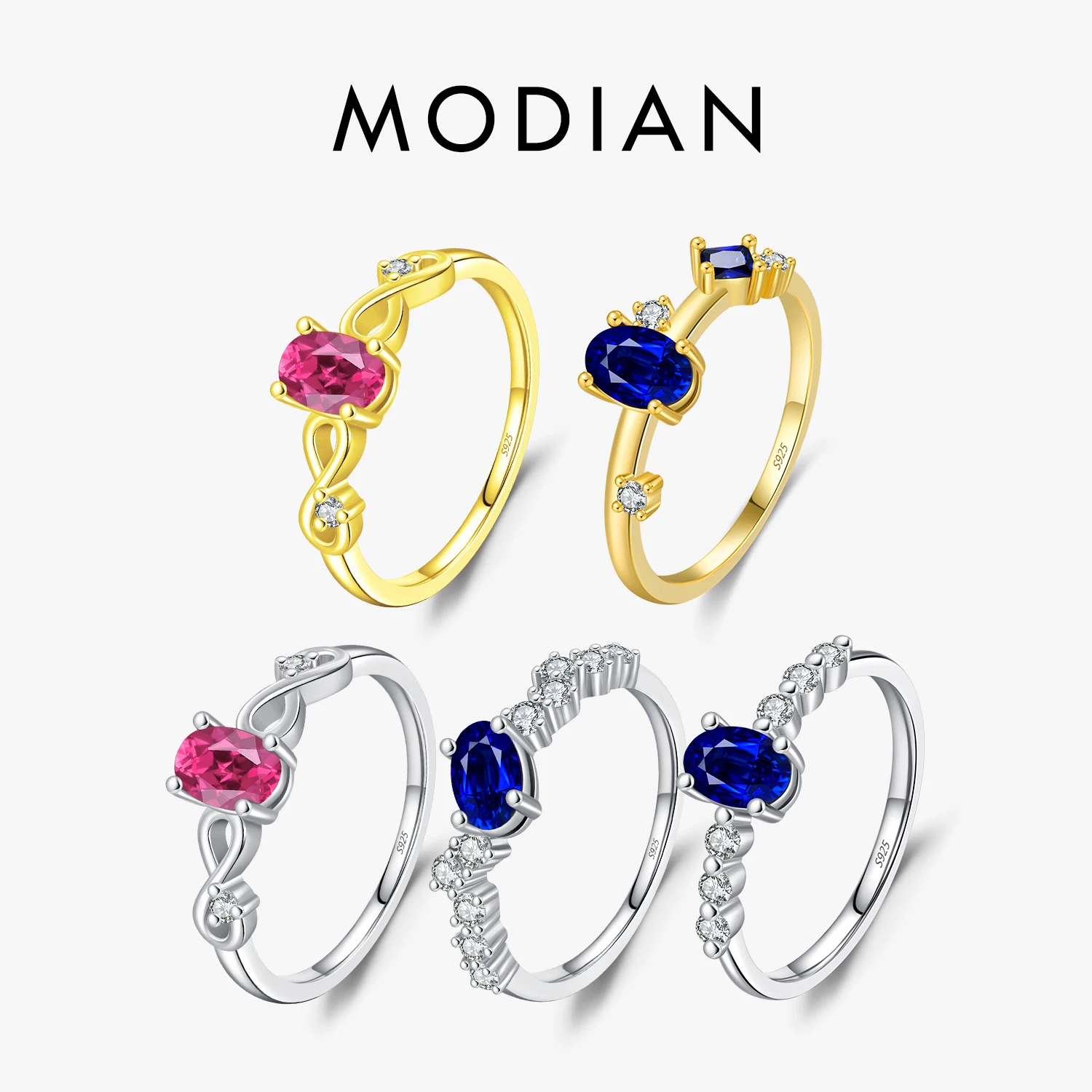 MODIAN 925 Sterling Silver Retro Vintage Oval Stackable Finger Ring Elegant Red & Royal Blue Rings For Women Party Jewelry 1
