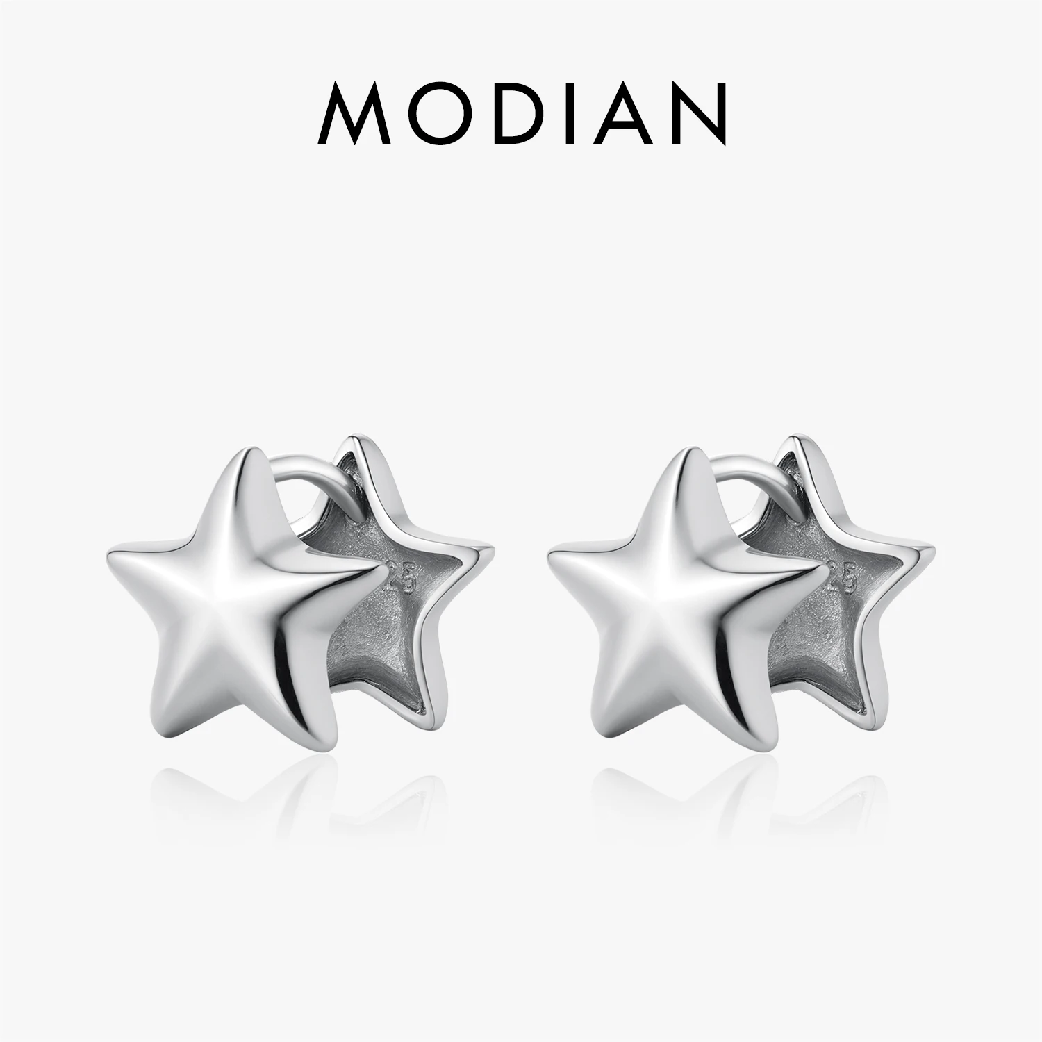 MODIAN 925 Sterling Silver Simple Double Side Mirror Pentagrams Hoop Earrings Fashion Stars Buckle For Women Fine Jewelry 1