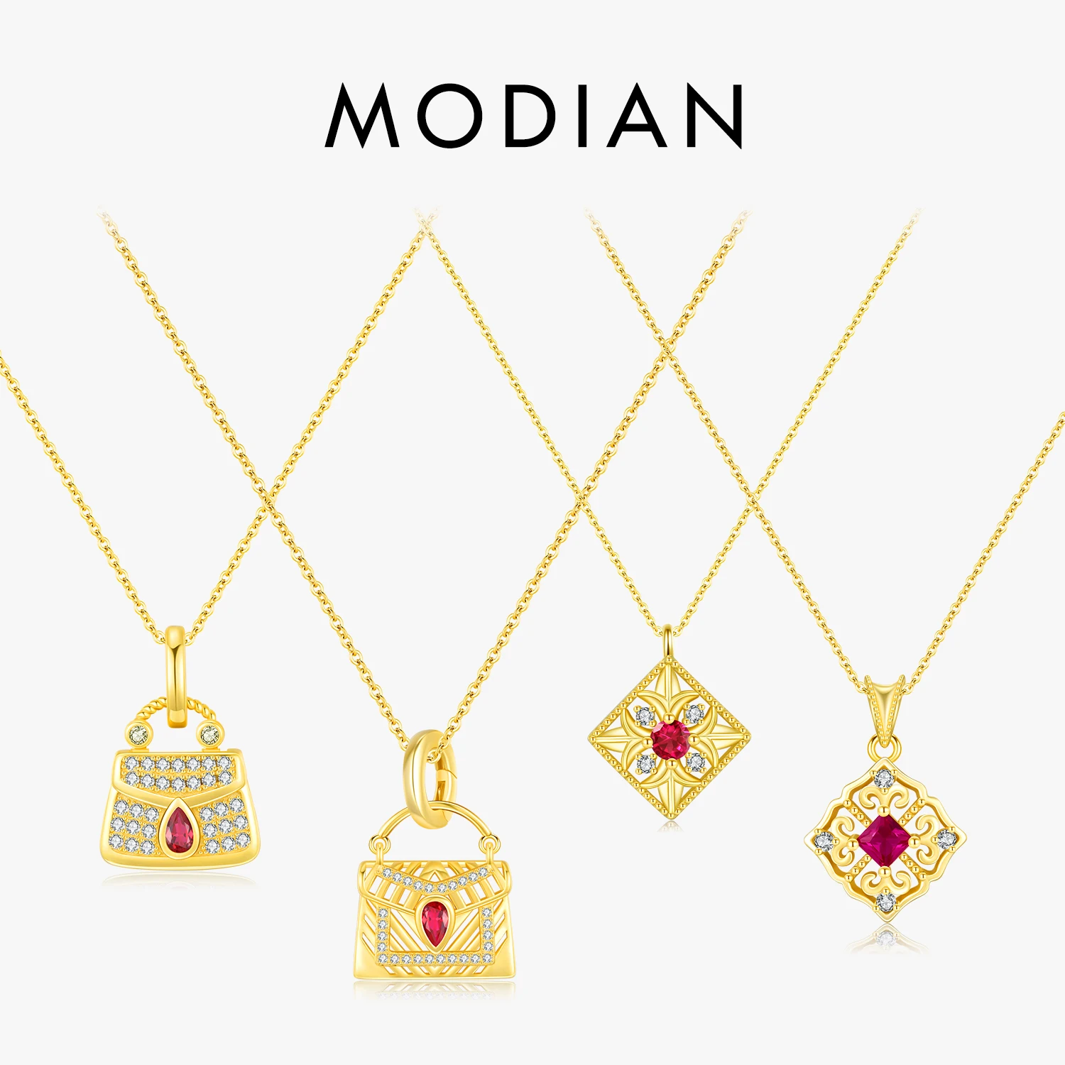 MODIAN 925 Sterling Silver Love Letter & Bag Pendant Necklace 14K Gold Color Vintage Eyes Link Chain For Women Fine Jewelry 1