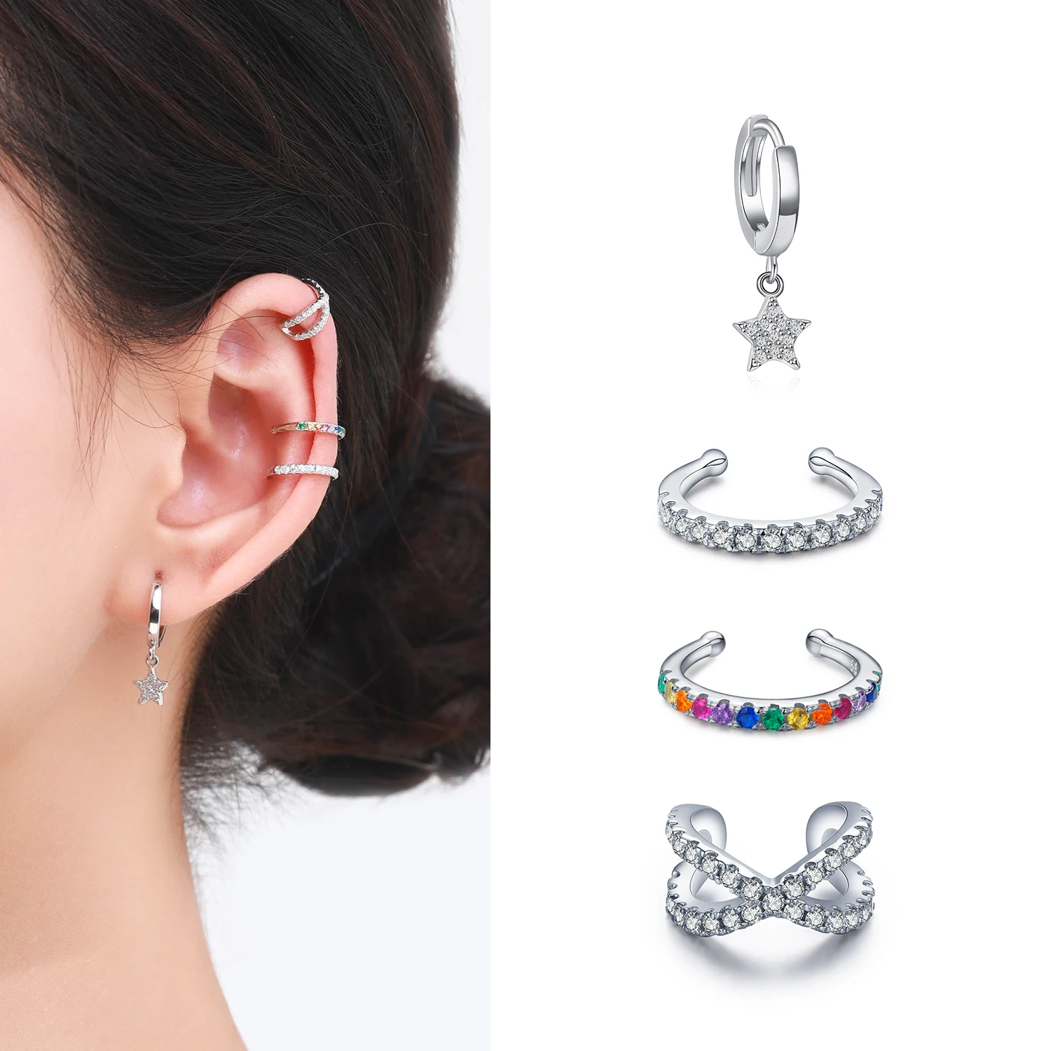 Modian 1 PCS Ear Cuff Real 925 Sterling Silver Rainbow Zirconia Elegant Fashion Clip Earrings For Women Statement Jewelry Gifts 1