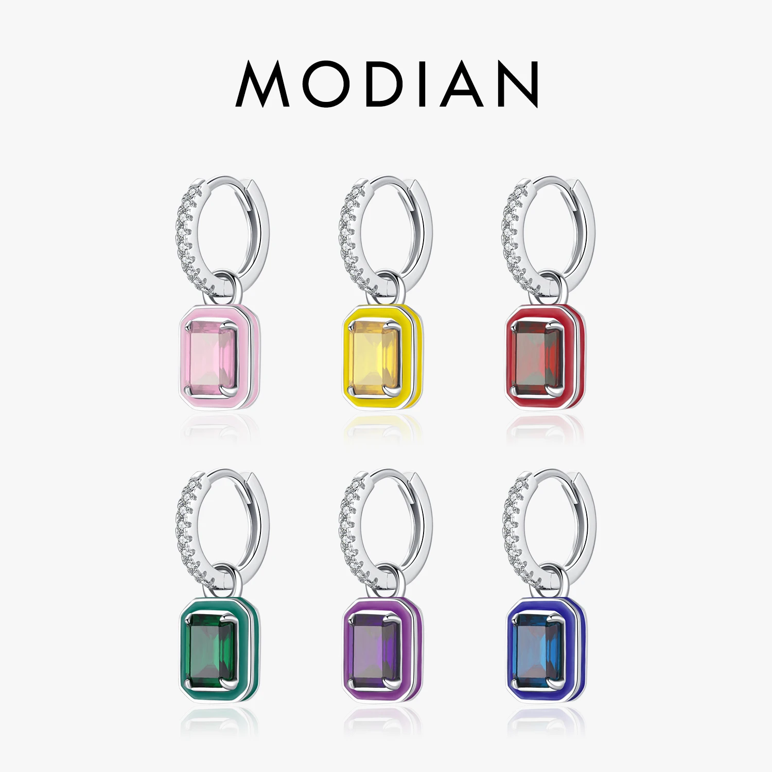 MODIAN 925 Sterling Silver Rainbow Colorful Enamel Hoop Earrings Charm Luxury Rectangle Zirconia Ear Buckles For Women Jewelry 1