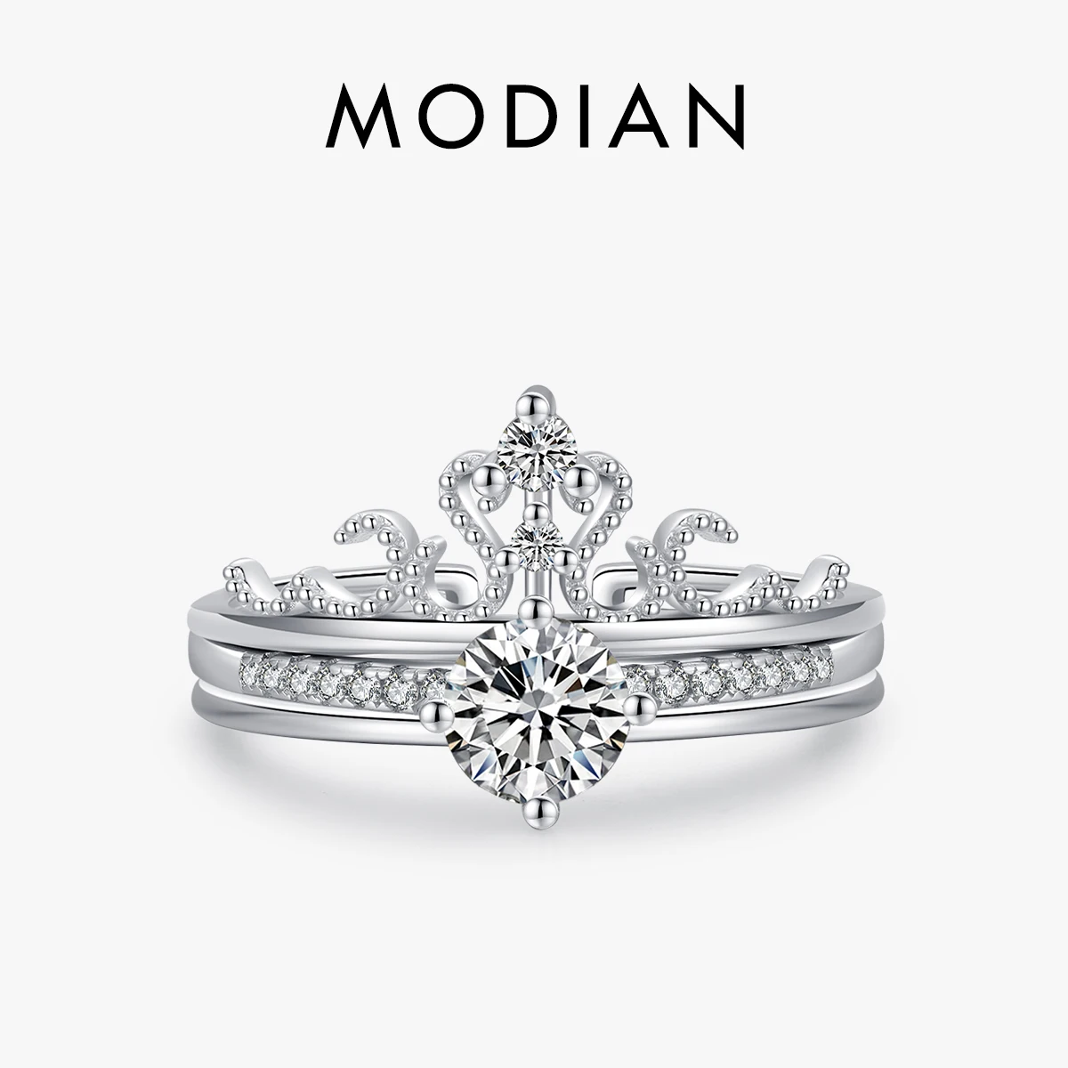 MODIAN Solid 925 Sterling Silver Line Crown Shiny Sets Ring Adjustable Size 5-8 Rings For Women Wedding Engagement Fine Jewelry 1