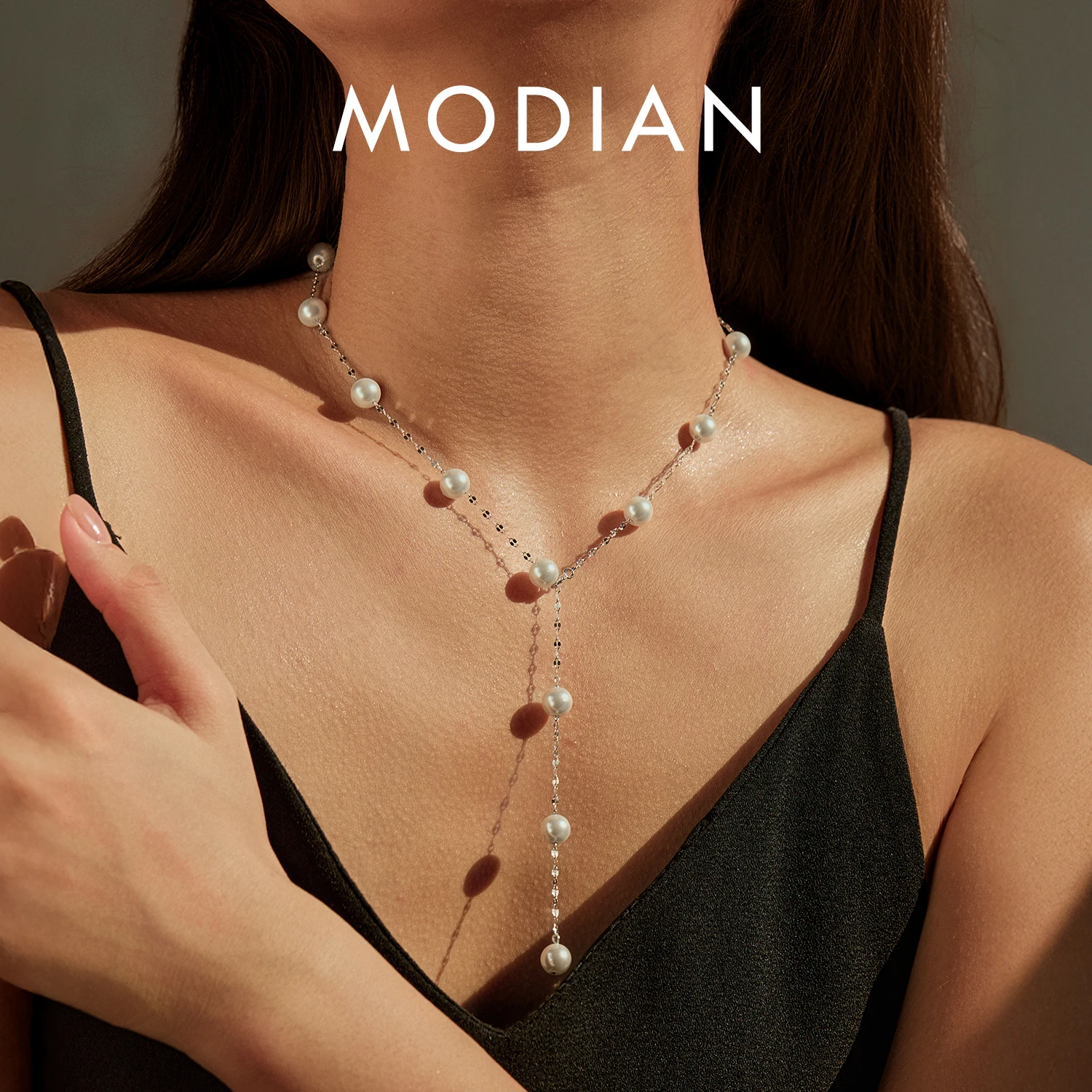 MODIAN 925 Sterling Silver Elegant Y Shape Pendant Necklace Sweet Crystal Pearls Charm Necklaces For Women Party Fine Jewelry 1