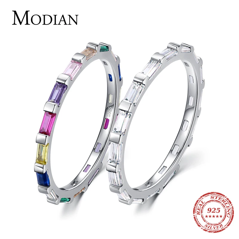 Modian Authentic 925 Sterling Silver Rainbow Emerald cut Rectangle CZ Finger Rings for Women Wedding Band Engagement Jewelry 1