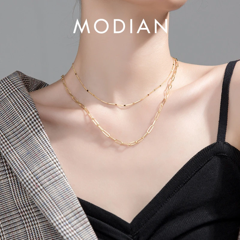 Modian Classic Fashion 925 Sterling Silver Double Layer Geometric Link Chain Necklace for Women Party Fine Jewelry Accessories 1