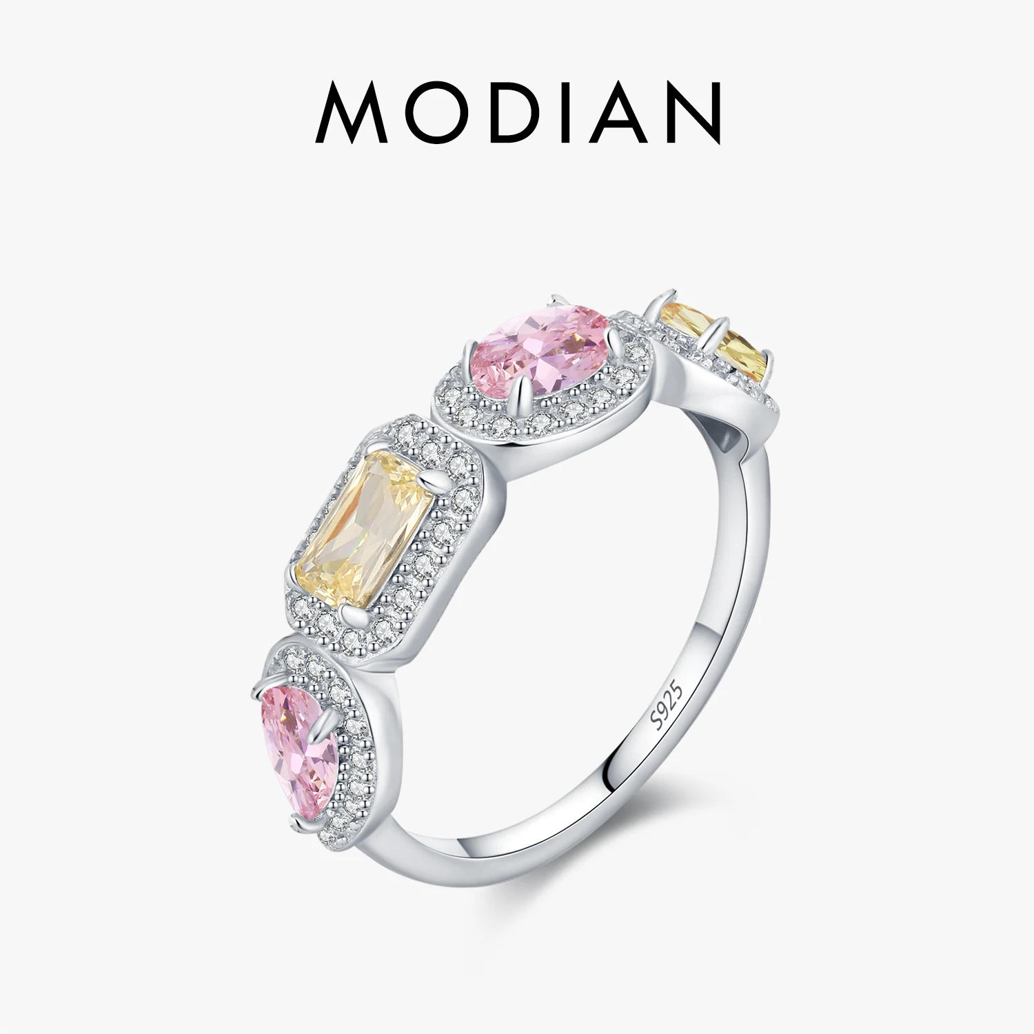MODIAN 925 Sterling Silver Luxury Rectangle Pink & Yellow Ring Exquisite Sugar Cube Eternity Band Rings For Women Fine Jewelry 1